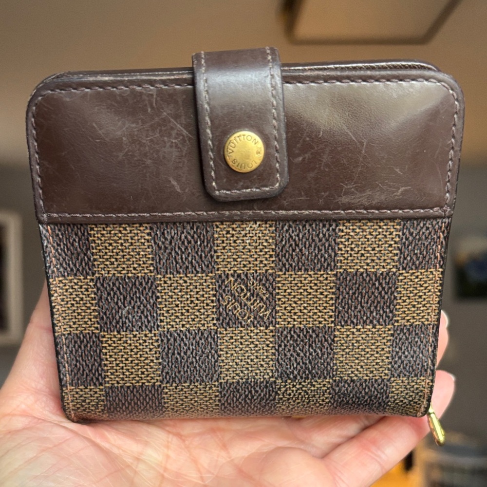 Louis Vuitton Compact Zip Wallet in Damier Ebene Coated Canvas & Brown Leather